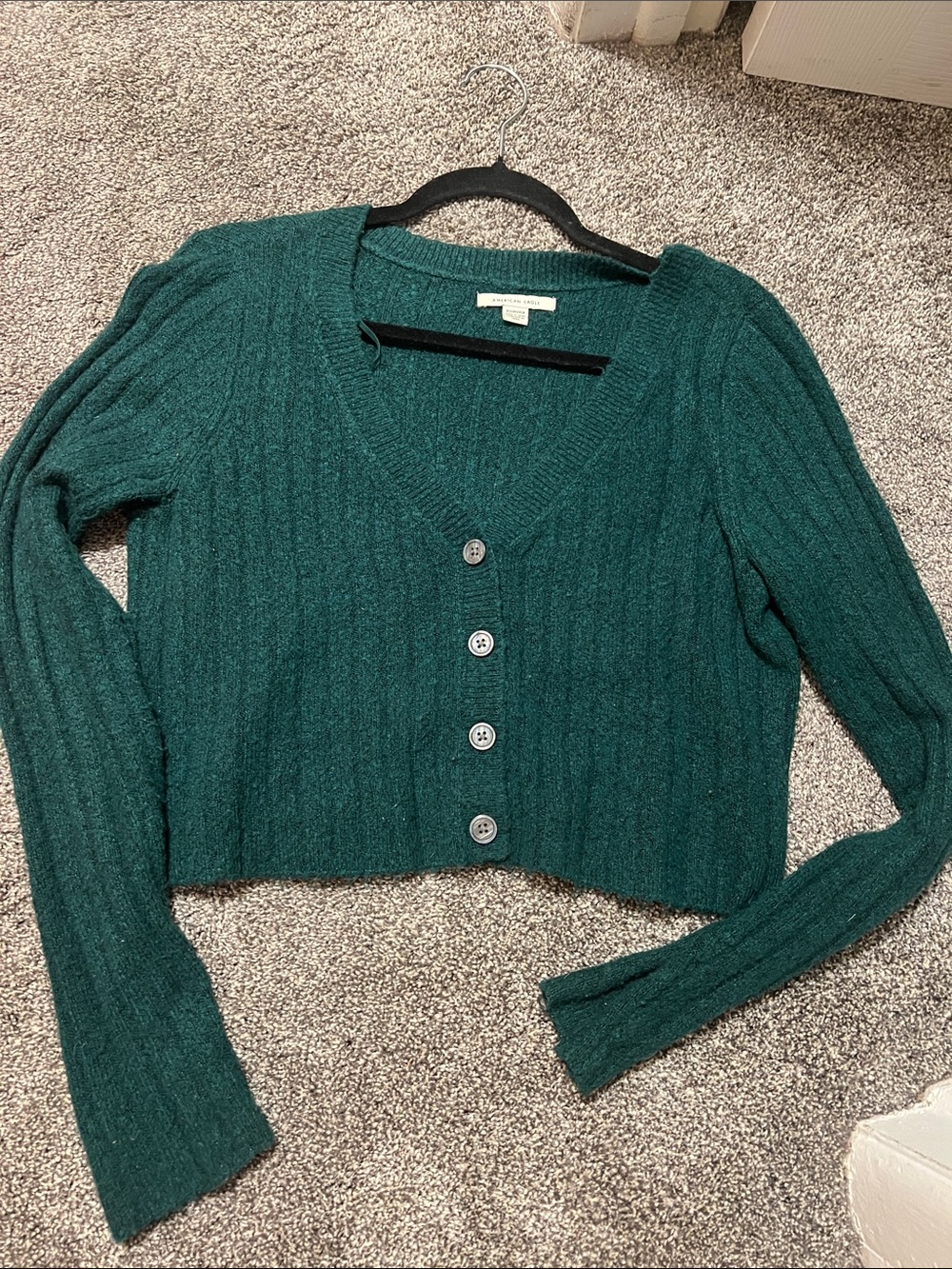 American Eagle Outfitters Dark Green Ribbed Button-Front Cropped Cardigan